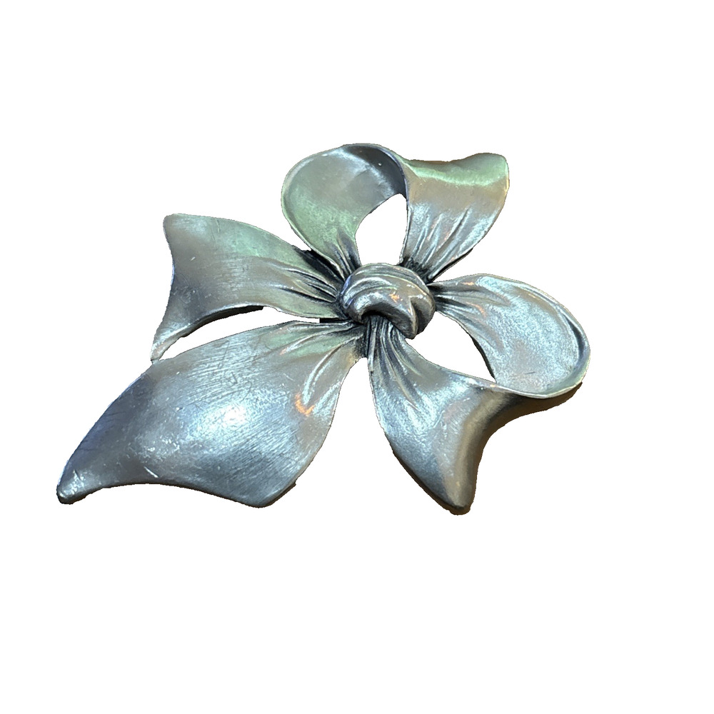Vintage Seagull Canada Pewter Bow Brooch signed c1988 large silvertone metal pin